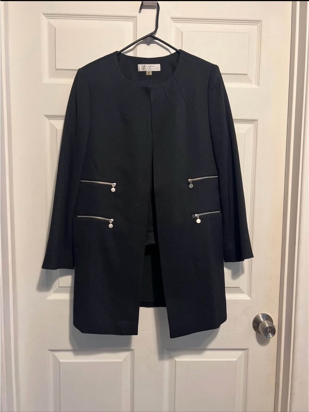 Worthington Black Long Open-Front Blazer with Silver Zipper Accents
